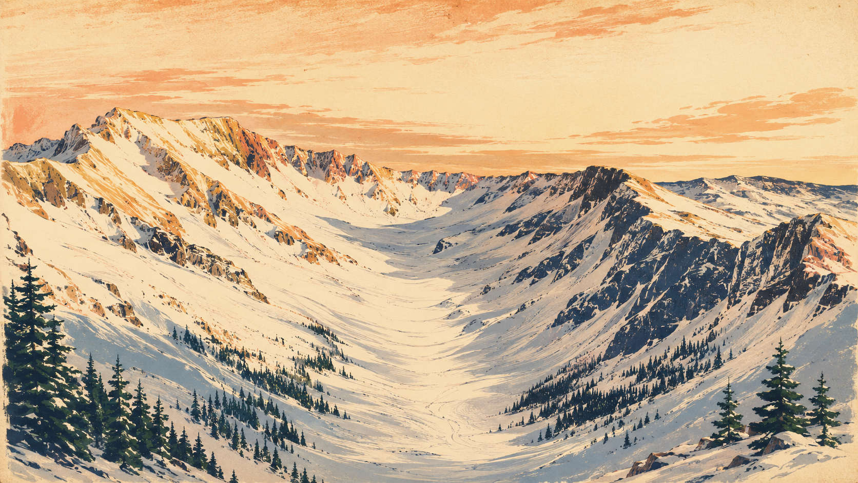 Painterly Colorado ski bowl in early-morning alpenglow.